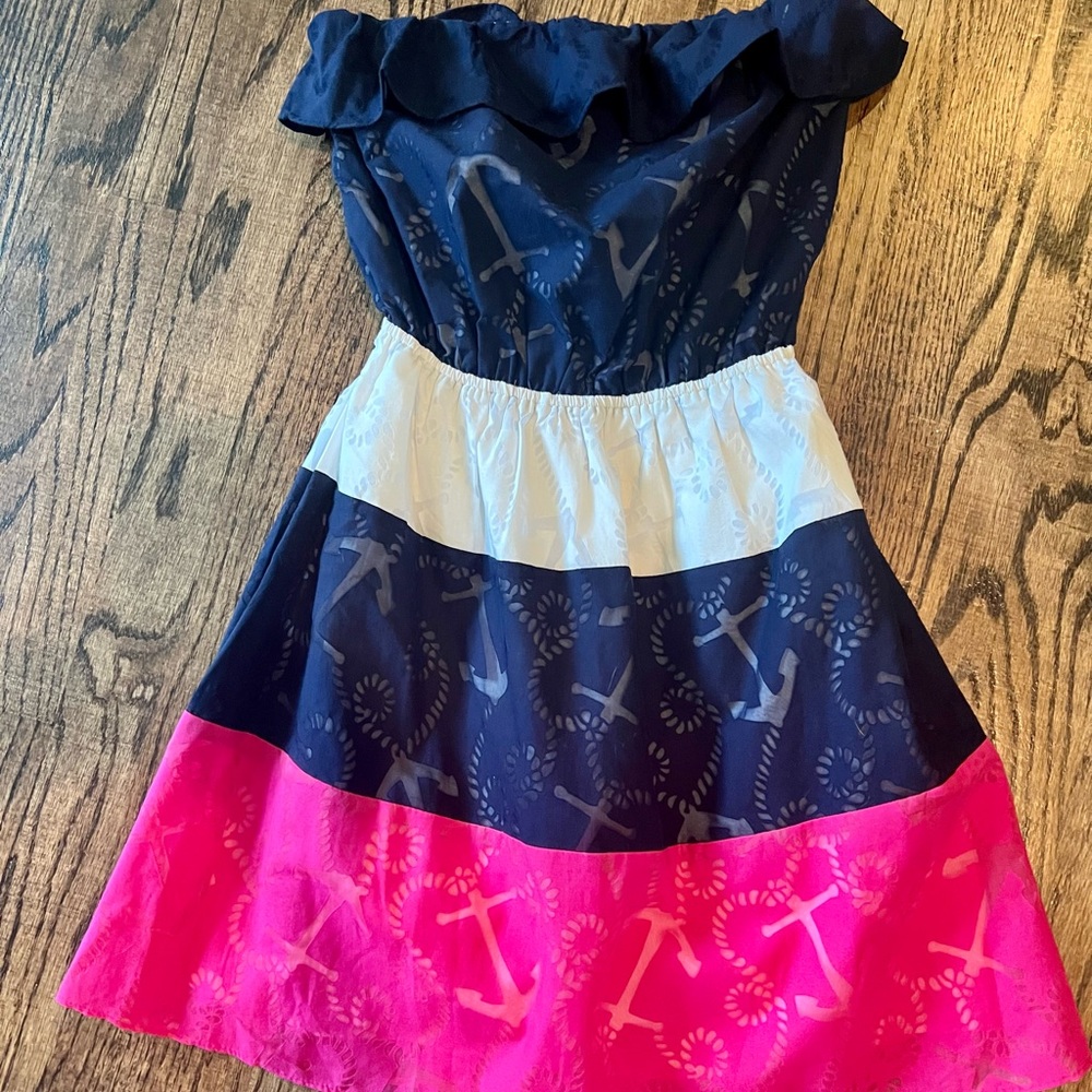 Lilly Pulitzer navy, pink, and white ruffle striped anchor dress